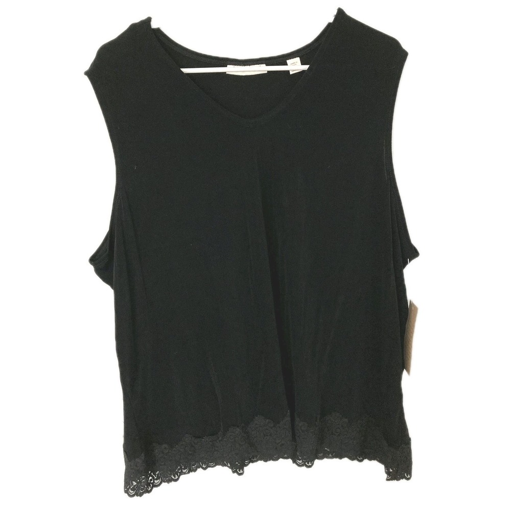 Coldwater Creek Tank Top Women 2X Black Travel Knit Lace Trim Hem Shell NWT